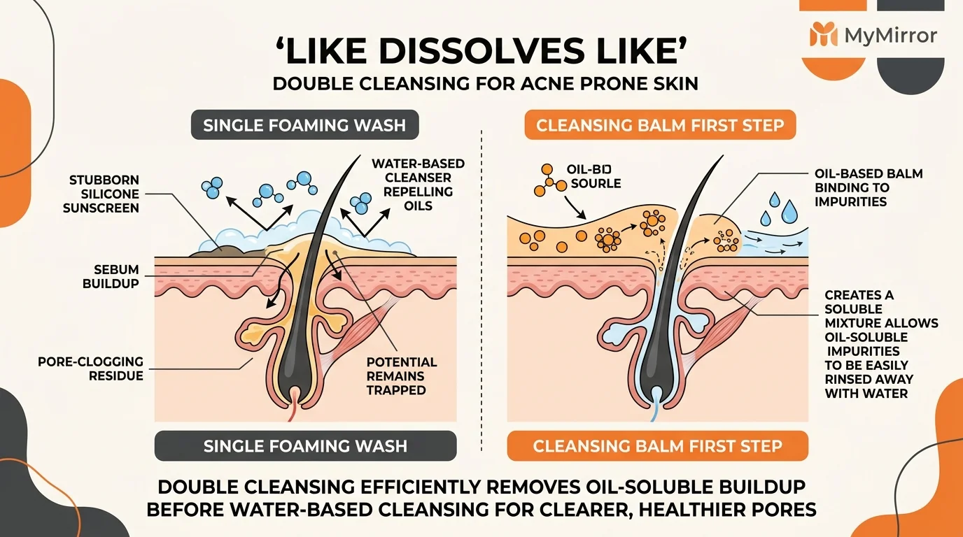 Diagram showing single foaming wash leaving pore plugs versus cleansing balm dissolving oil buildup cleanly