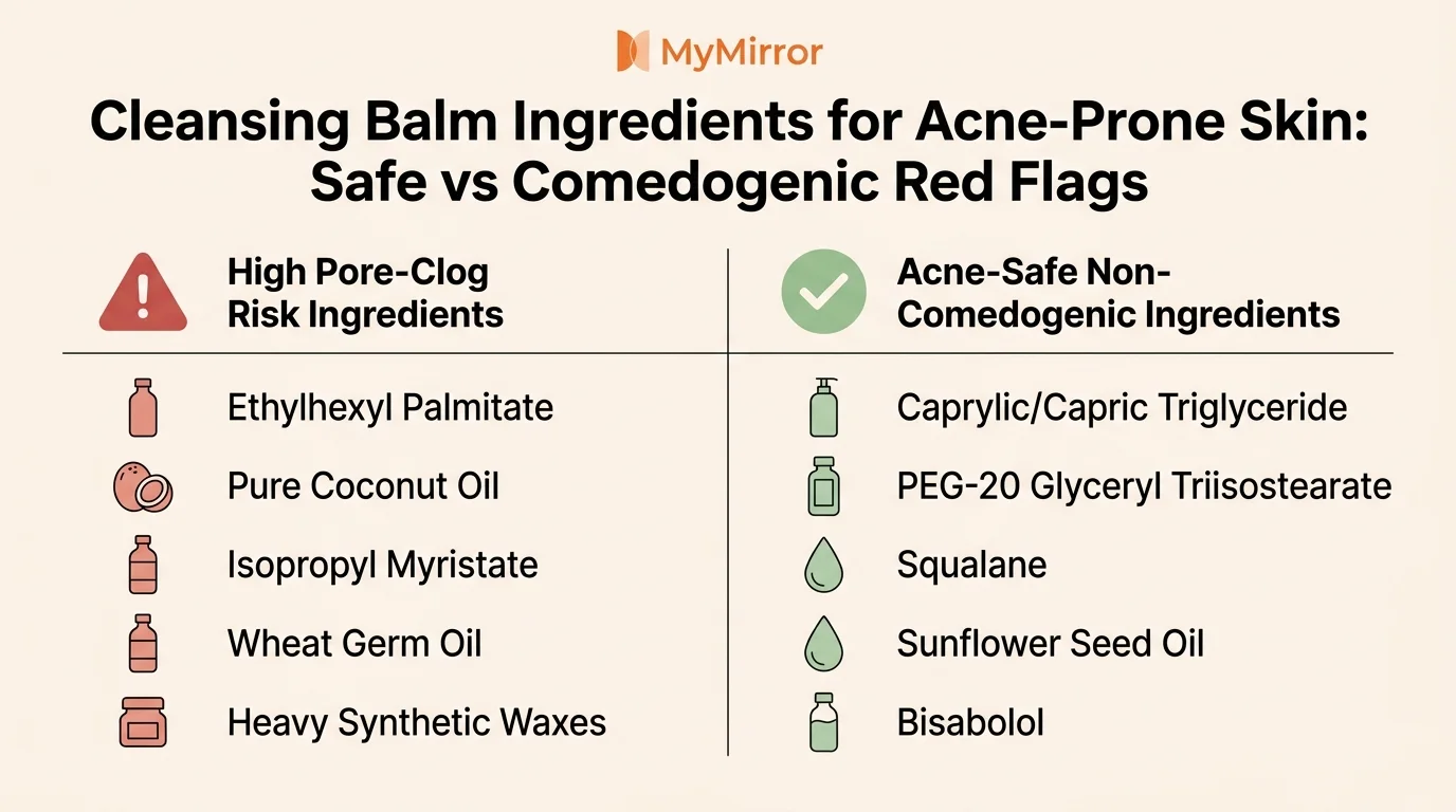 Comparison chart of high pore-clog risk ingredients versus acne-safe non-comedogenic balm bases