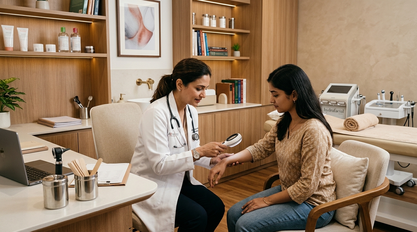 Indian dermatologist examining patient skin for acne scar treatment