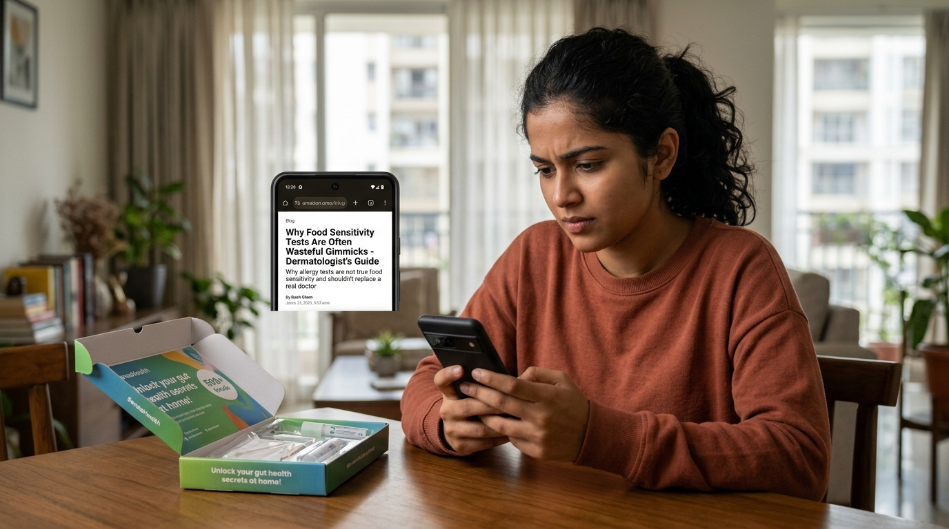 Young Indian woman researching dermatologist advice against commercial food sensitivity home test kits