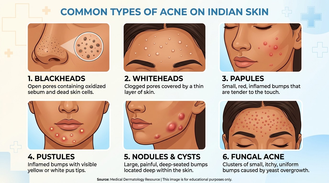 Common Types of Acne on Indian Skin: Blackheads, Whiteheads, Papules, Pustules, Cysts and Fungal Acne