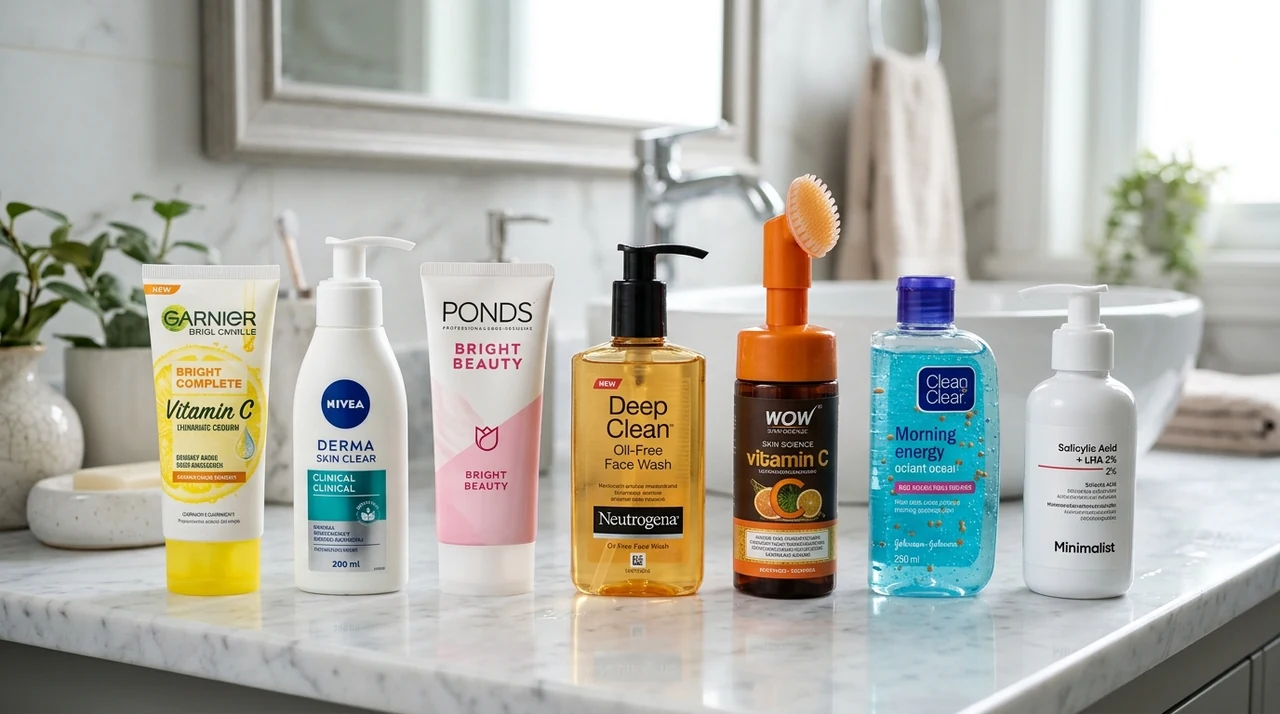 Comparison lineup of 7 popular cosmetic face washes in India: Garnier, NIVEA, POND'S, Neutrogena, WOW Skin Science, Clean & Clear, and Minimalist