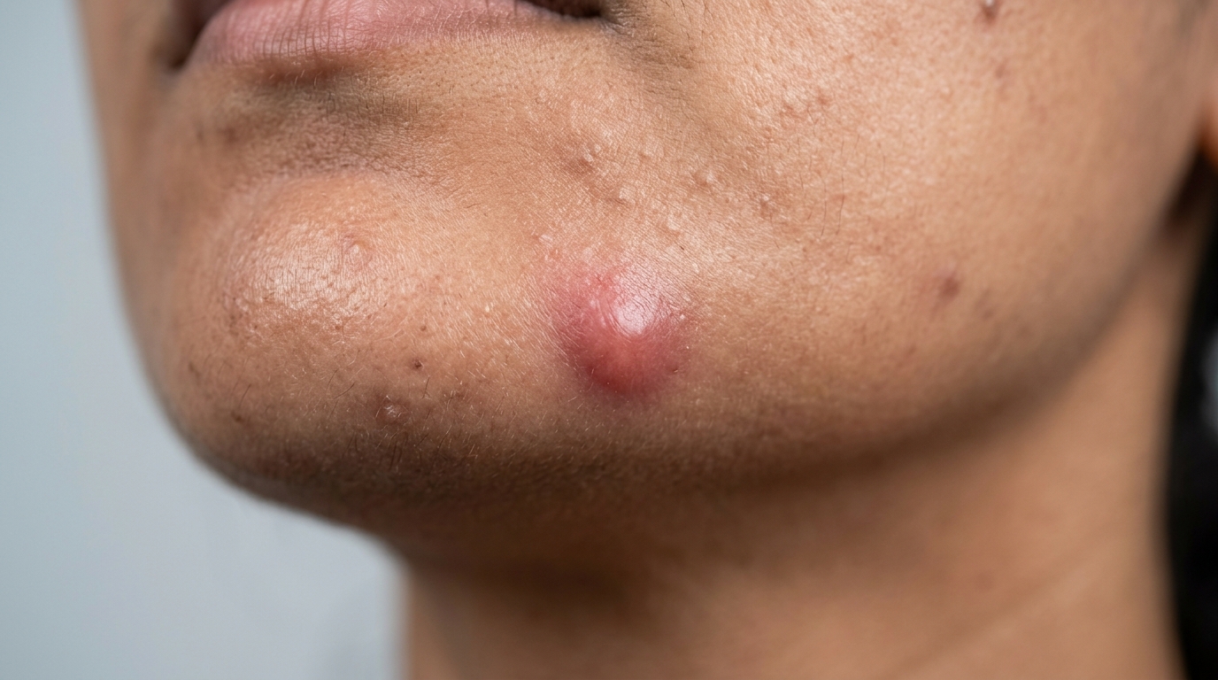 Deep hormonal cystic pimple on Indian chin and jawline