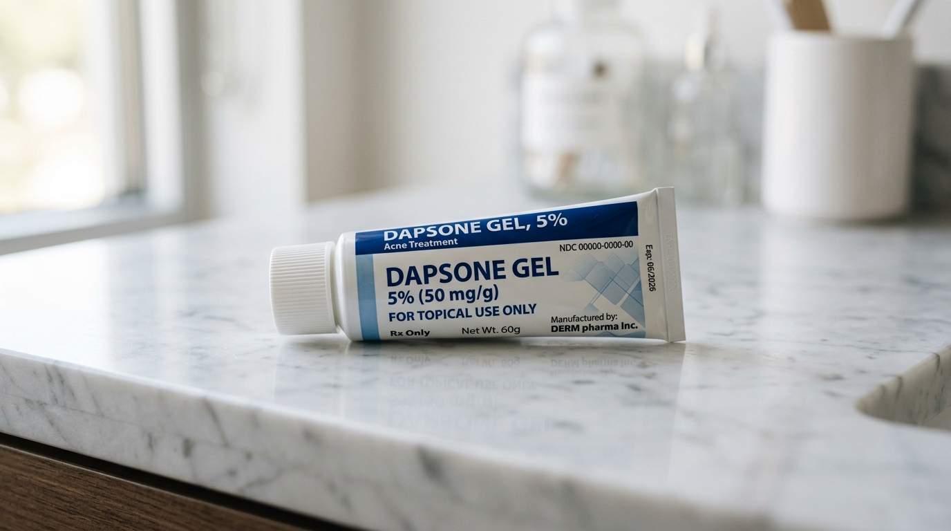 Pharmaceutical Dapsone Gel 5% tube on white marble counter
