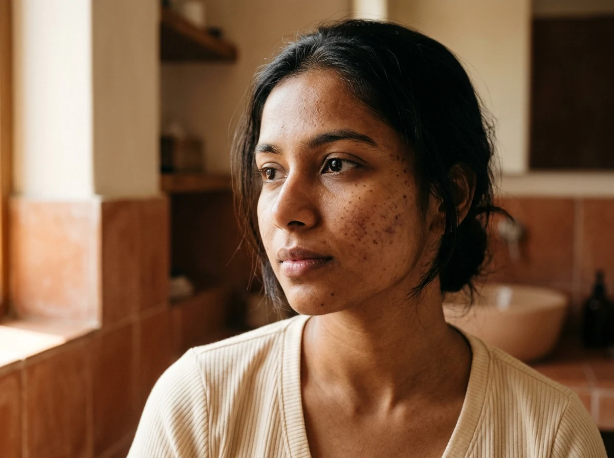 Indian woman with visible dark spots and sun spots on cheeks in warm natural bathroom lighting