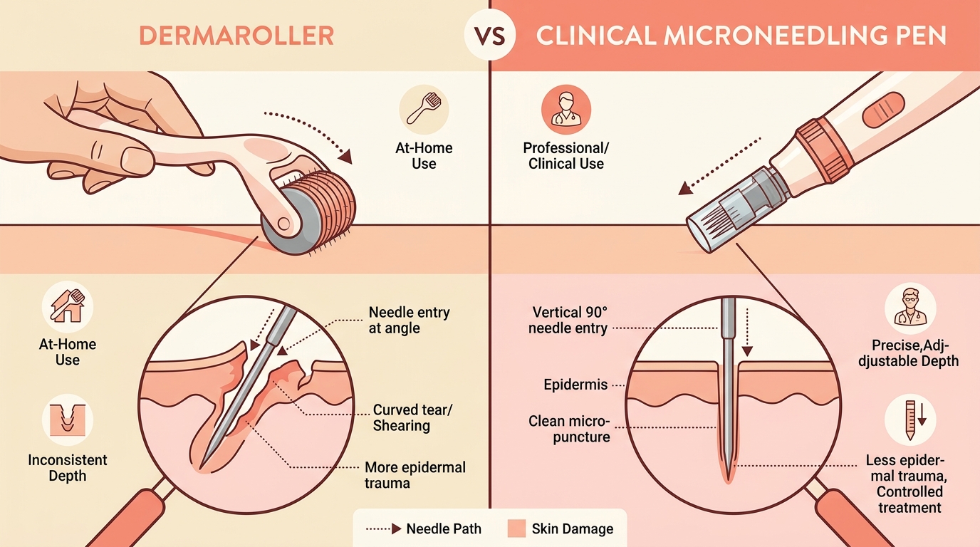 Comparison diagram showing how an at-home dermaroller enters at an angle and tears skin, while a clinical microneedling pen punctures vertically at 90 degrees