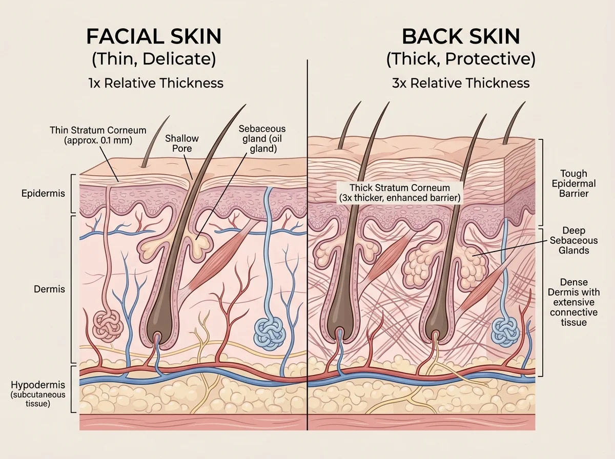 Facial skin versus back dorsal spine skin thickness comparison diagram showing 3x thicker barrier and deep oil glands