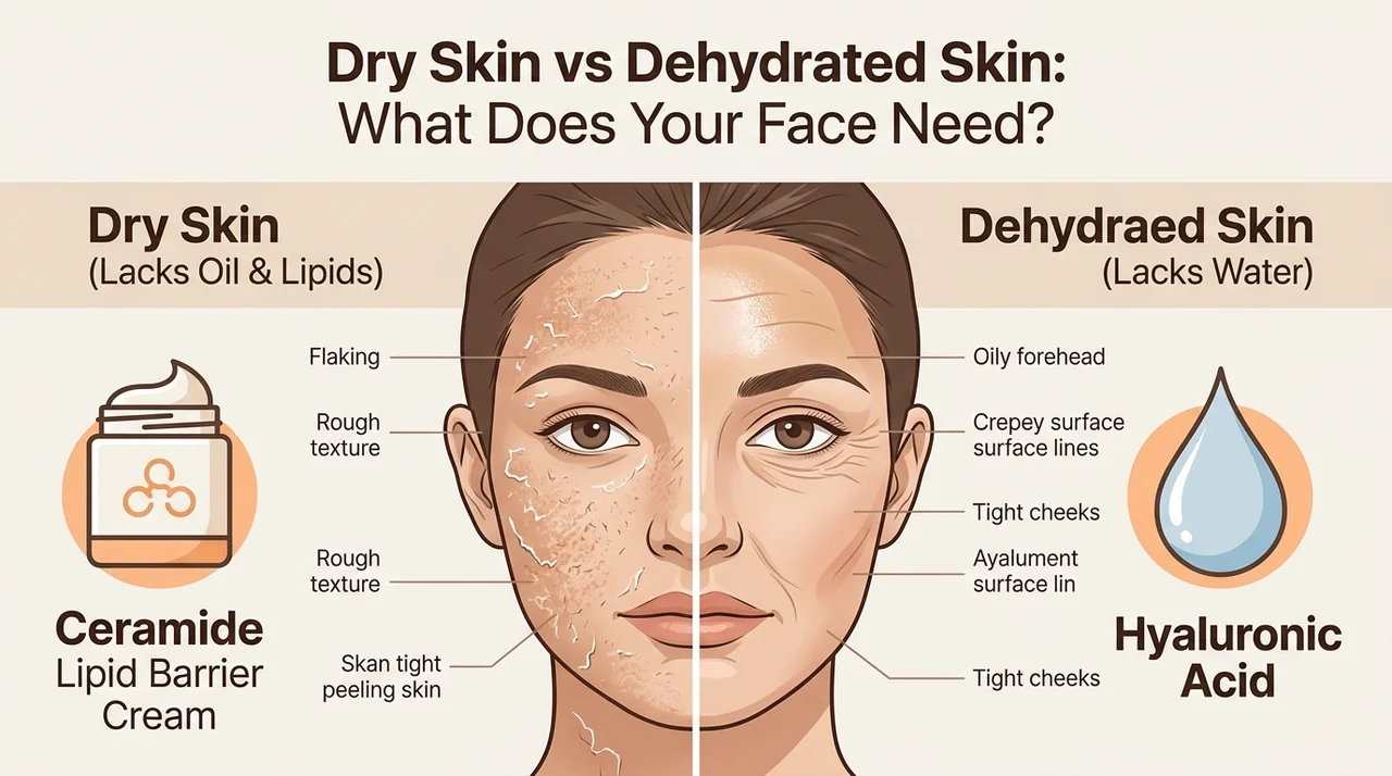 Comparison chart explaining differences between dry skin lacking oil and dehydrated skin lacking water