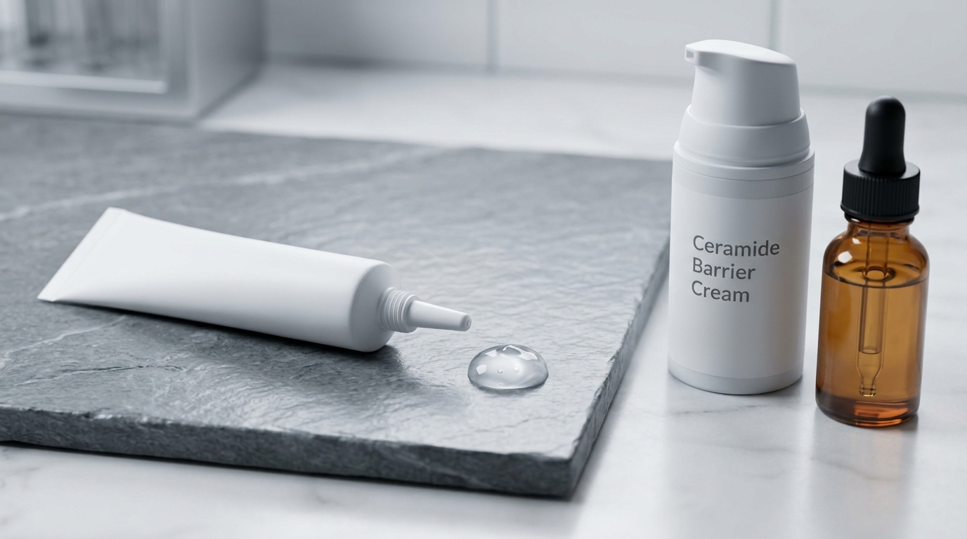 Clinical laboratory setting with Adapalene 0.1 percent and Benzoyl Peroxide 2.5 percent gel tube and ceramide barrier cream