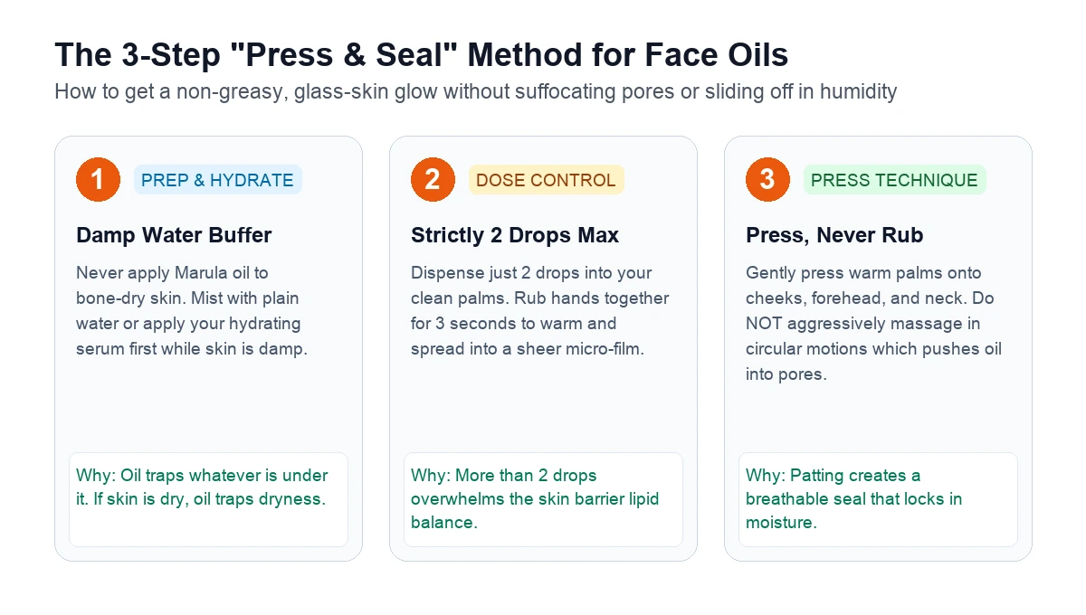 Step by step visual guide showing how to apply face oil using the press and seal method