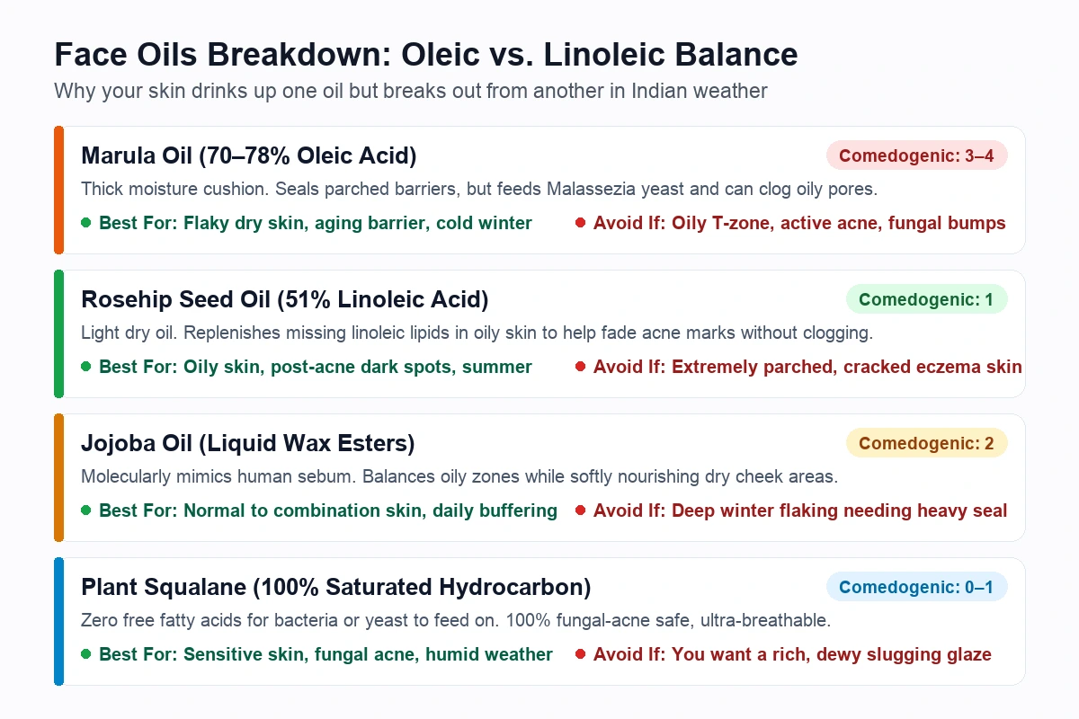 Visual guide comparing fatty acid profiles and comedogenic ratings of Marula, Rosehip, Jojoba, and Squalane oils