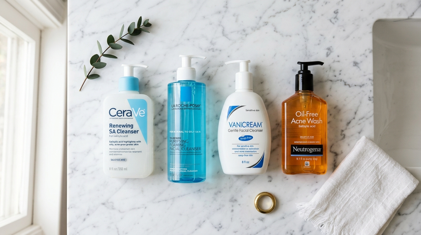 Editorial flat-lay of top US face washes for oily acne skin