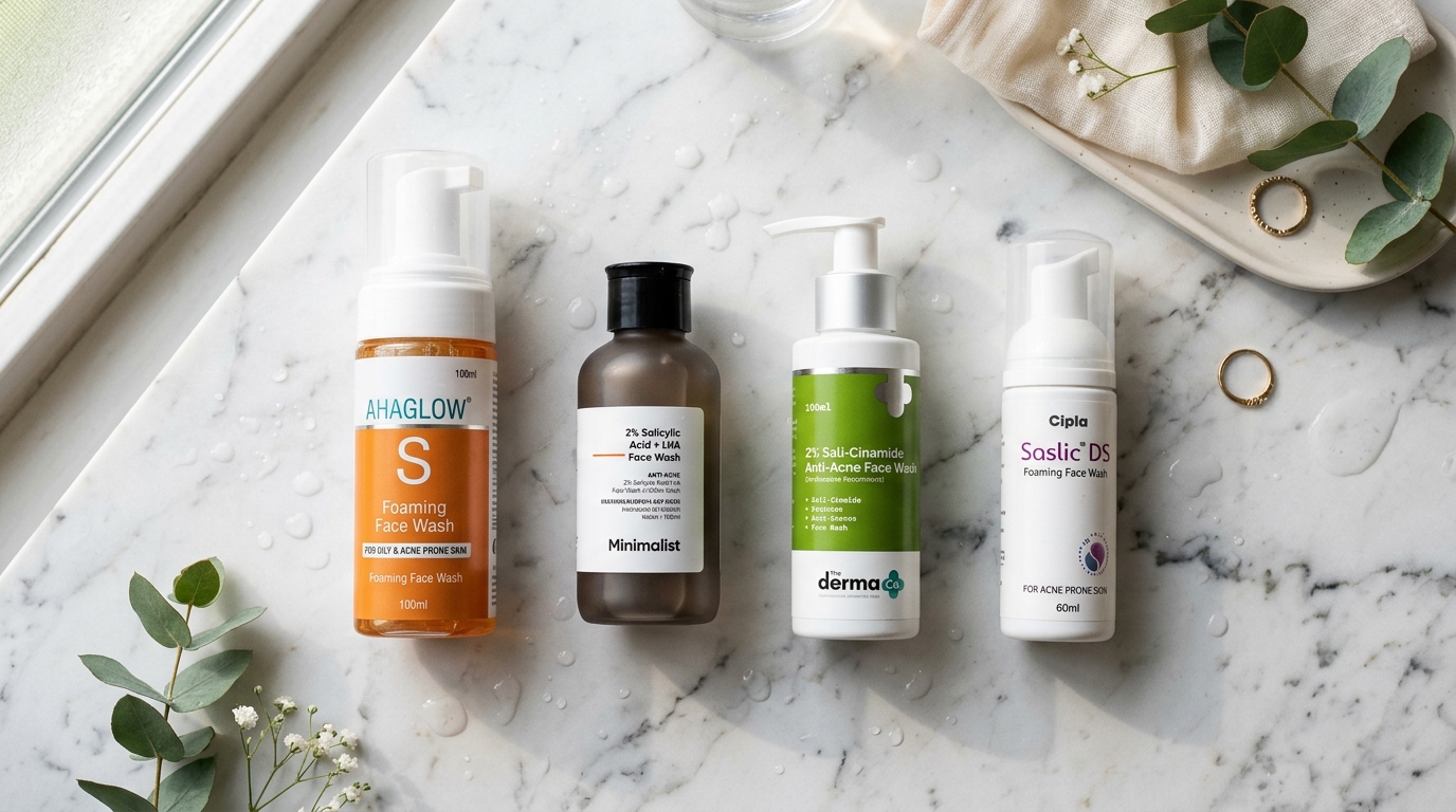 Editorial flat-lay of top face washes for acne scars on marble