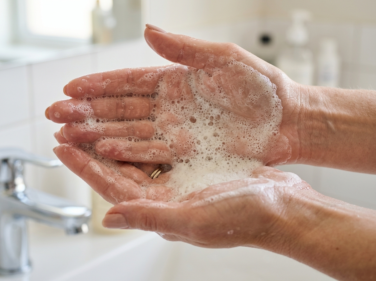 Close-up of rich exfoliating cleanser lather being worked between hands showing micro-bubbles
