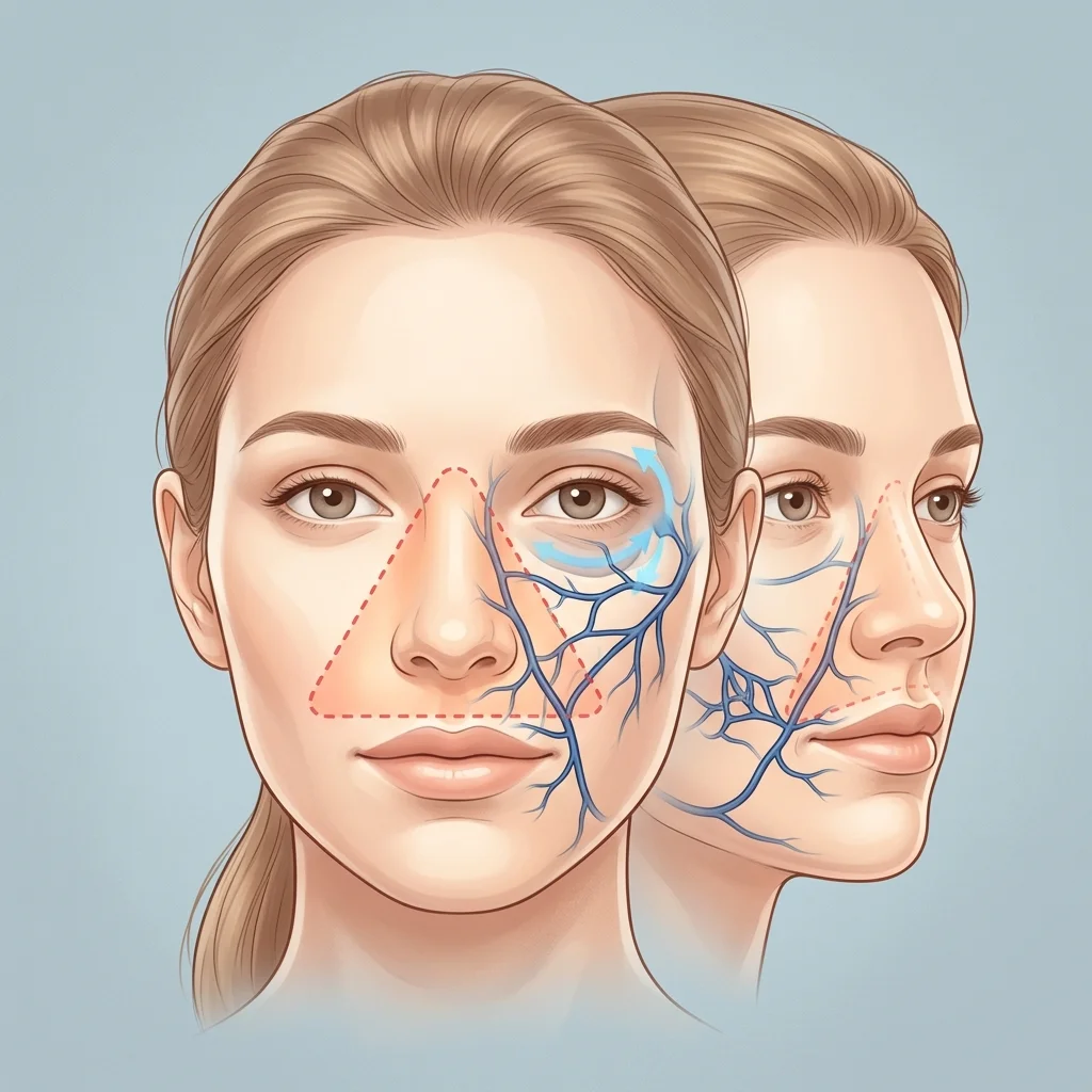 Diagram showing the facial danger triangle from nose bridge to mouth