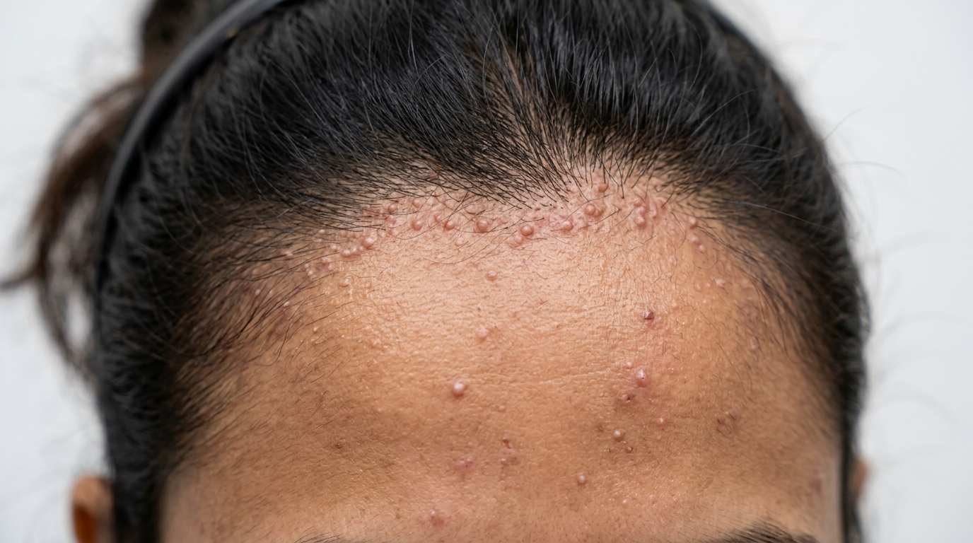 Clinical photography of forehead pimples cause and treatment