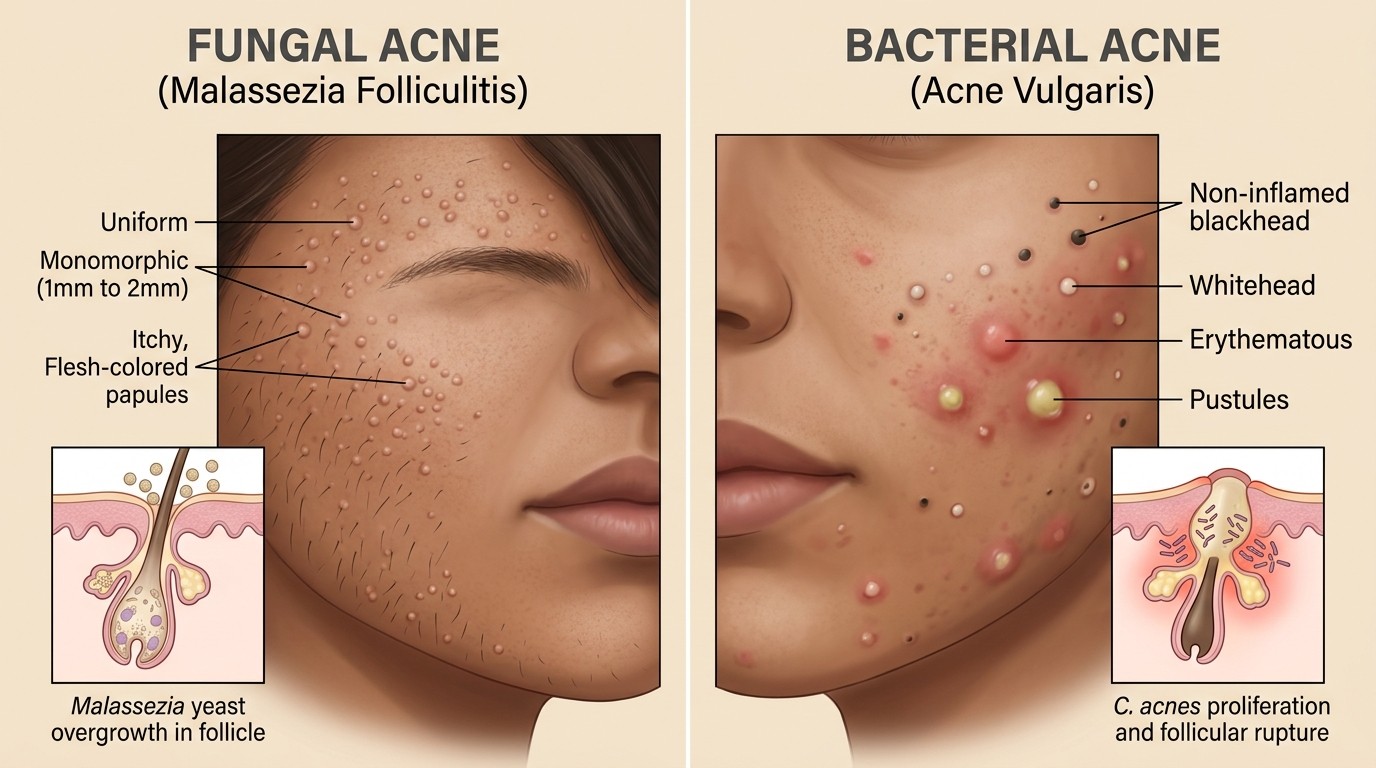 Clinical comparison diagram of Fungal Acne (Malassezia folliculitis) vs Bacterial Acne (Acne vulgaris) on facial skin