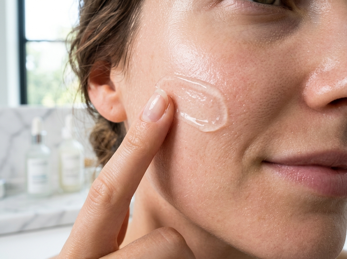 Figure 1: Lightweight cooling Cica water-gel texture swatch for soothing acne redness.