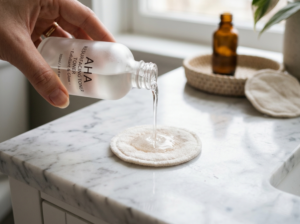Close-up of foaming glycolic acid cleanser lather being washed off face
