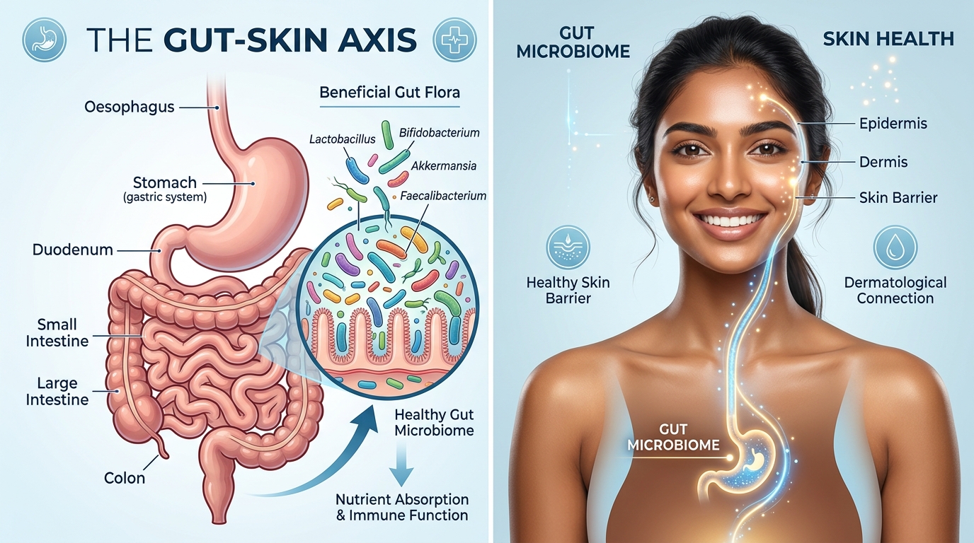 Gut-skin axis and digestive system connection illustration