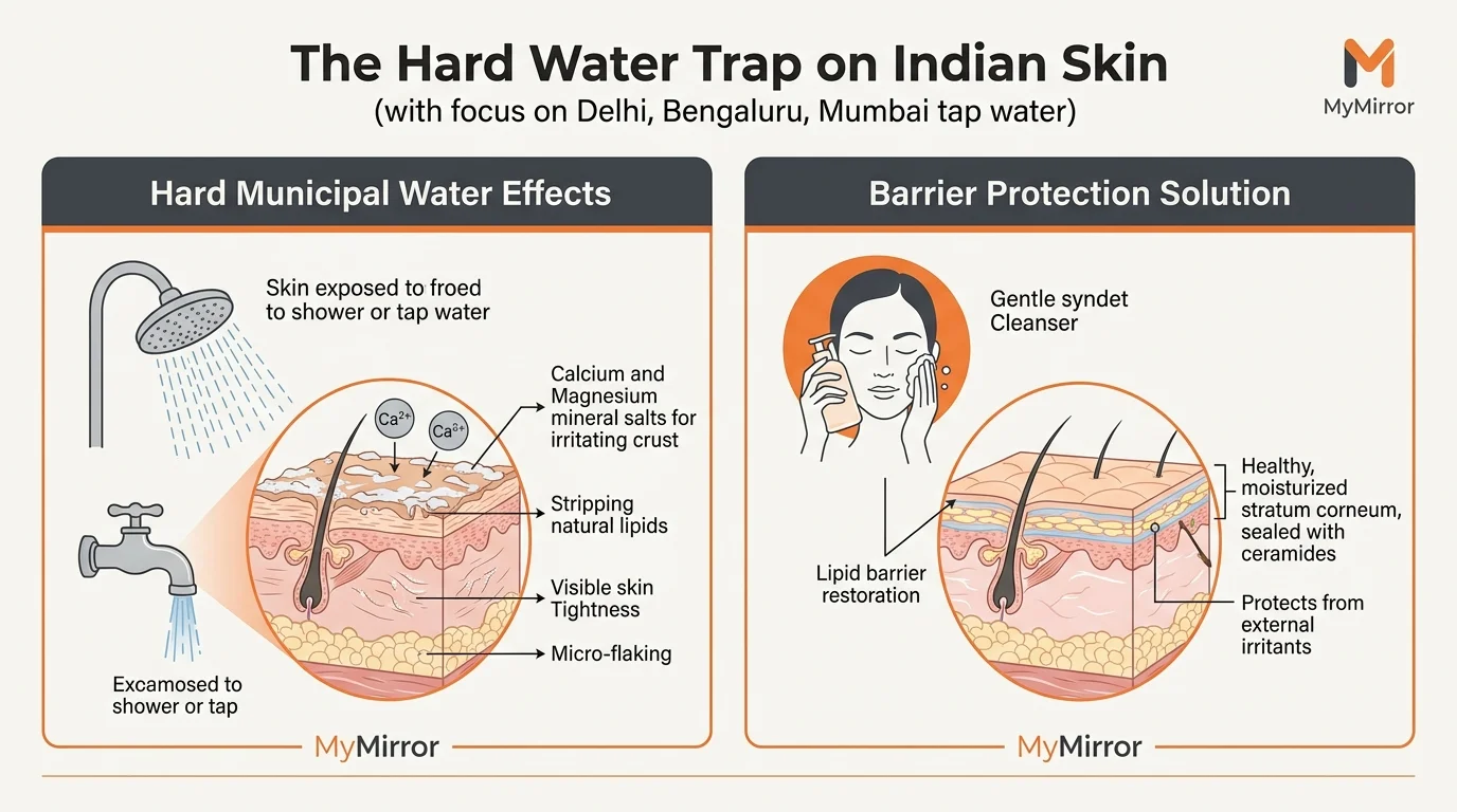 Medical diagram showing hard municipal tap water mineral salt damage versus gentle syndet barrier repair