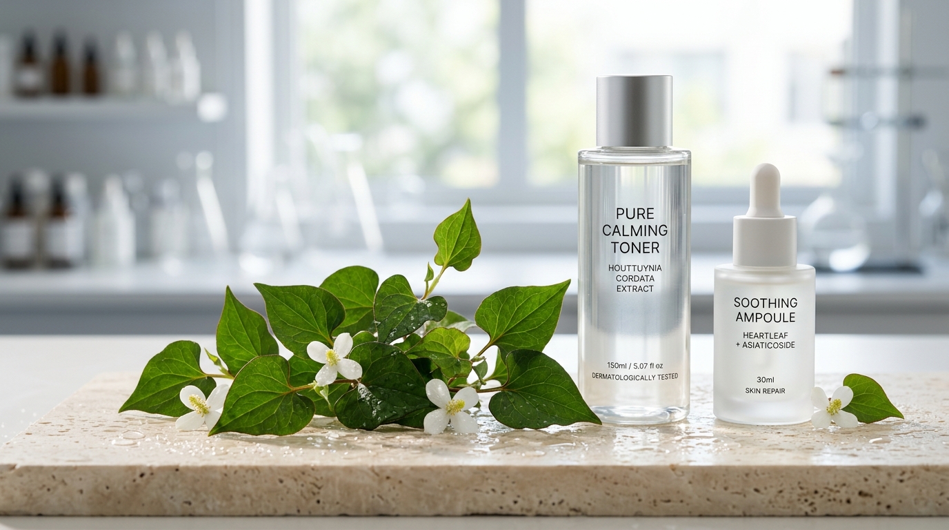 Botanical Houttuynia Cordata leaves with delicate white blossoms and minimalist clinical heartleaf calming toner on travertine stone