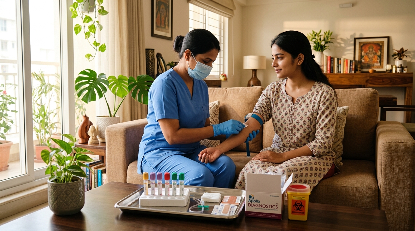 Certified phlebotomist conducting morning home blood sample collection in an Indian home
