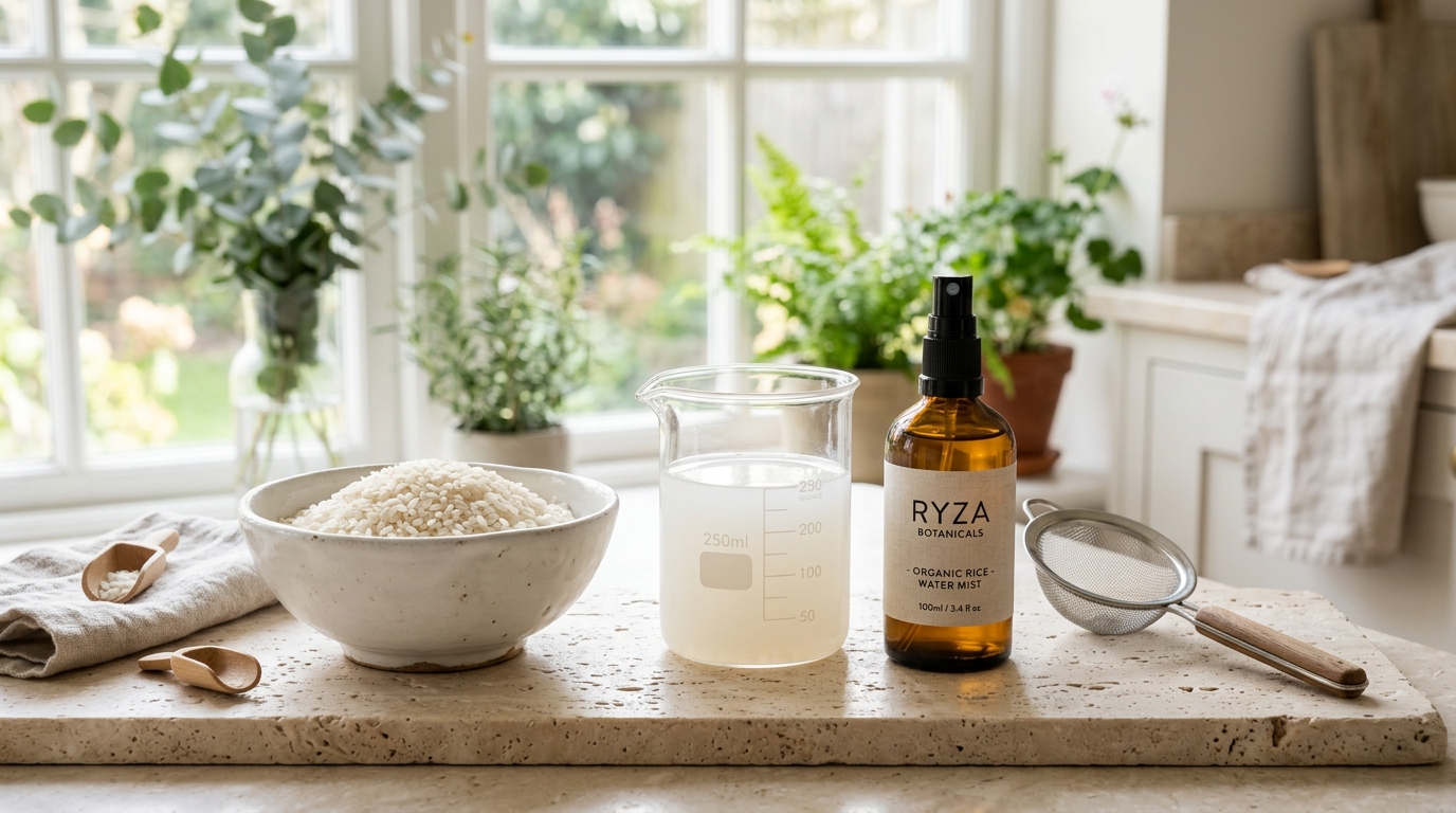 Artisanal ceramic bowl of organic white rice, glass beaker with filtered milky rice water, and amber mist bottle on marble counter