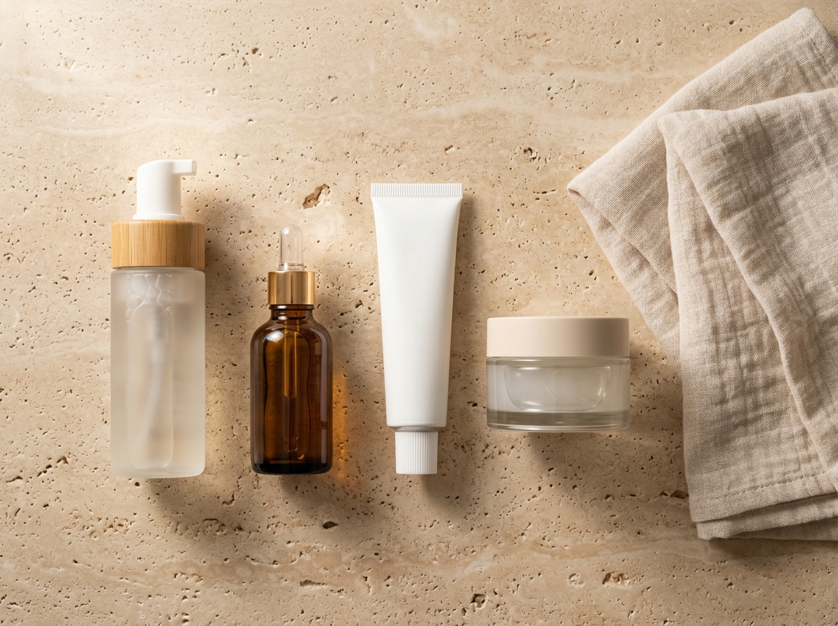 Aesthetic skincare routine bottles and moisturizer on travertine stone
