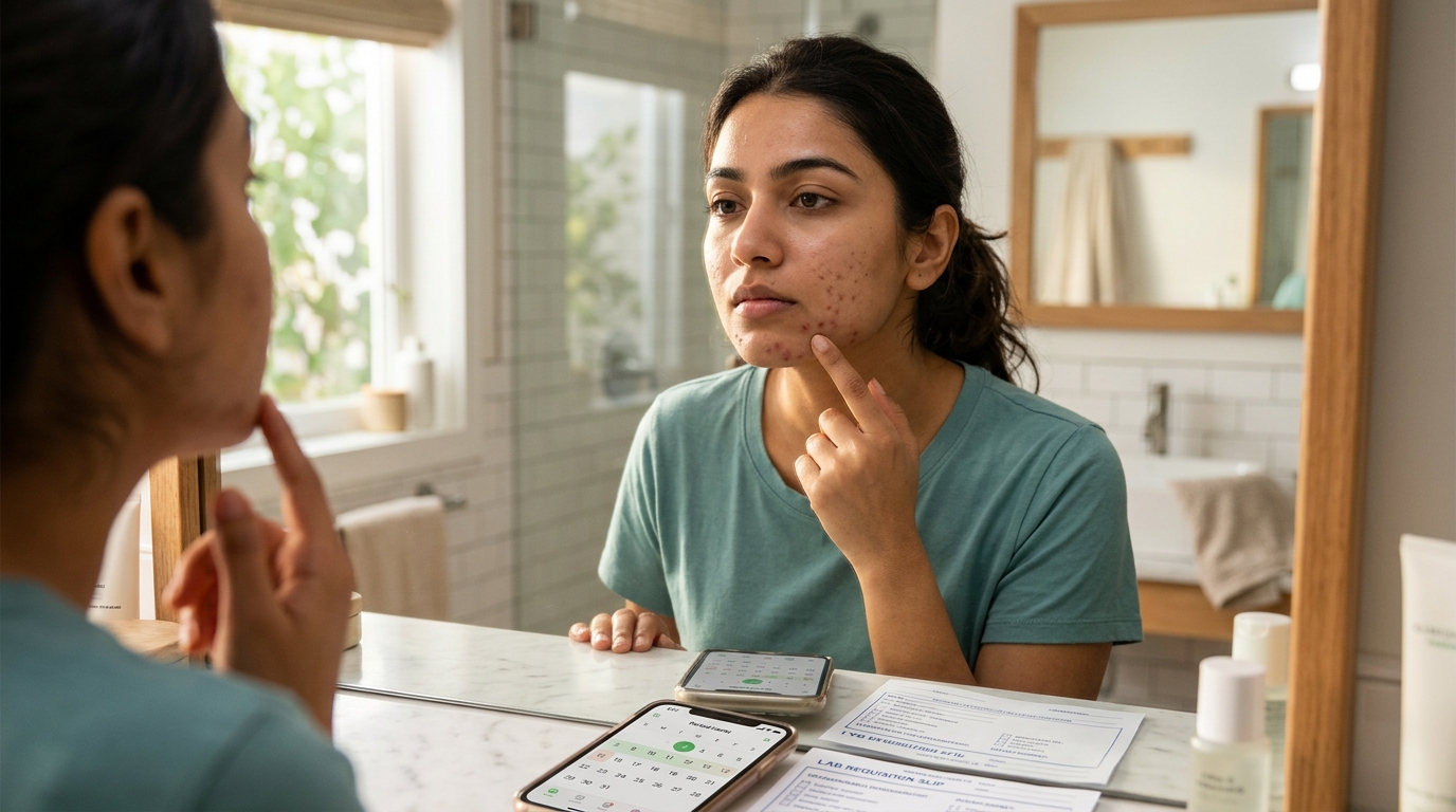 Young Indian woman checking cycle-related jawline breakouts alongside hormone blood test schedule