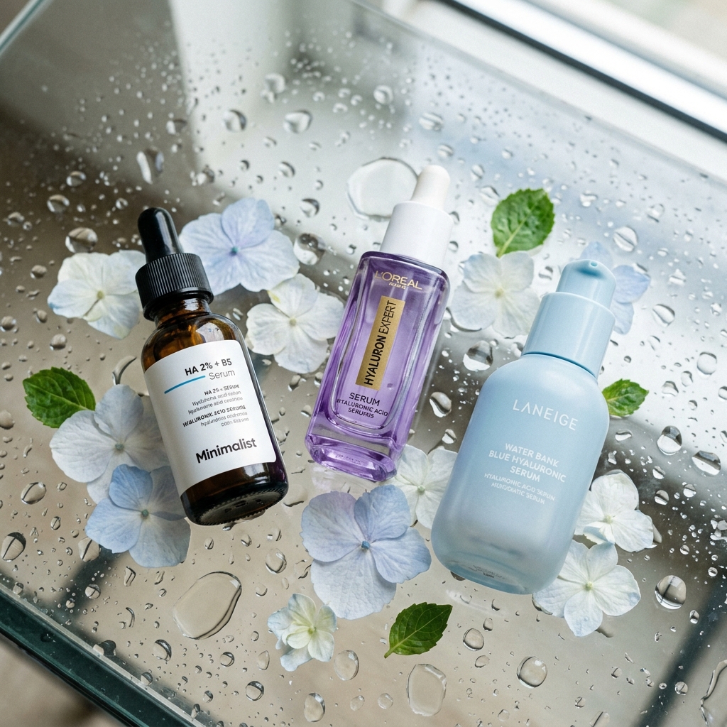 Editorial flat-lay of hyaluronic acid serums (Minimalist HA 2% + B5 bottle, L'Oreal Hyaluron Expert Serum, Laneige Water Bank Blue Hyaluronic) on a dewy glass surface