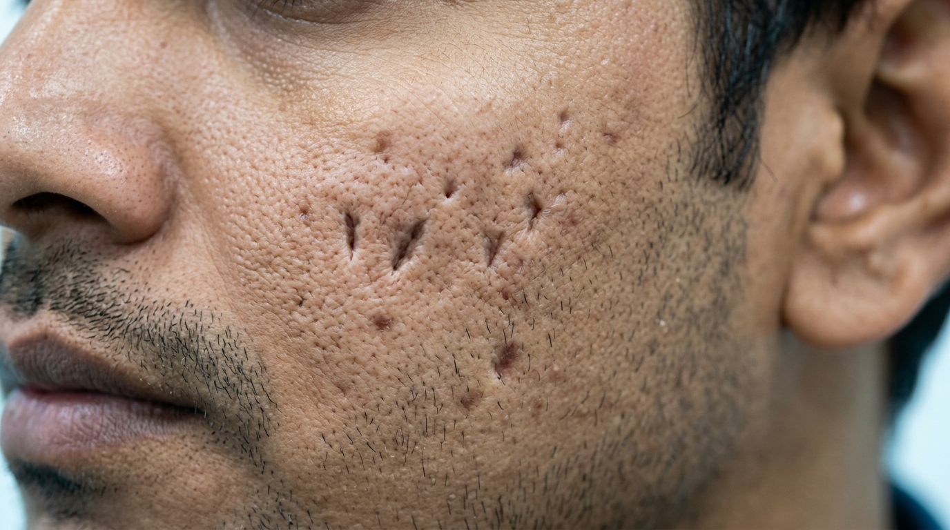Close up clinical photo of deep ice pick acne scars on cheek
