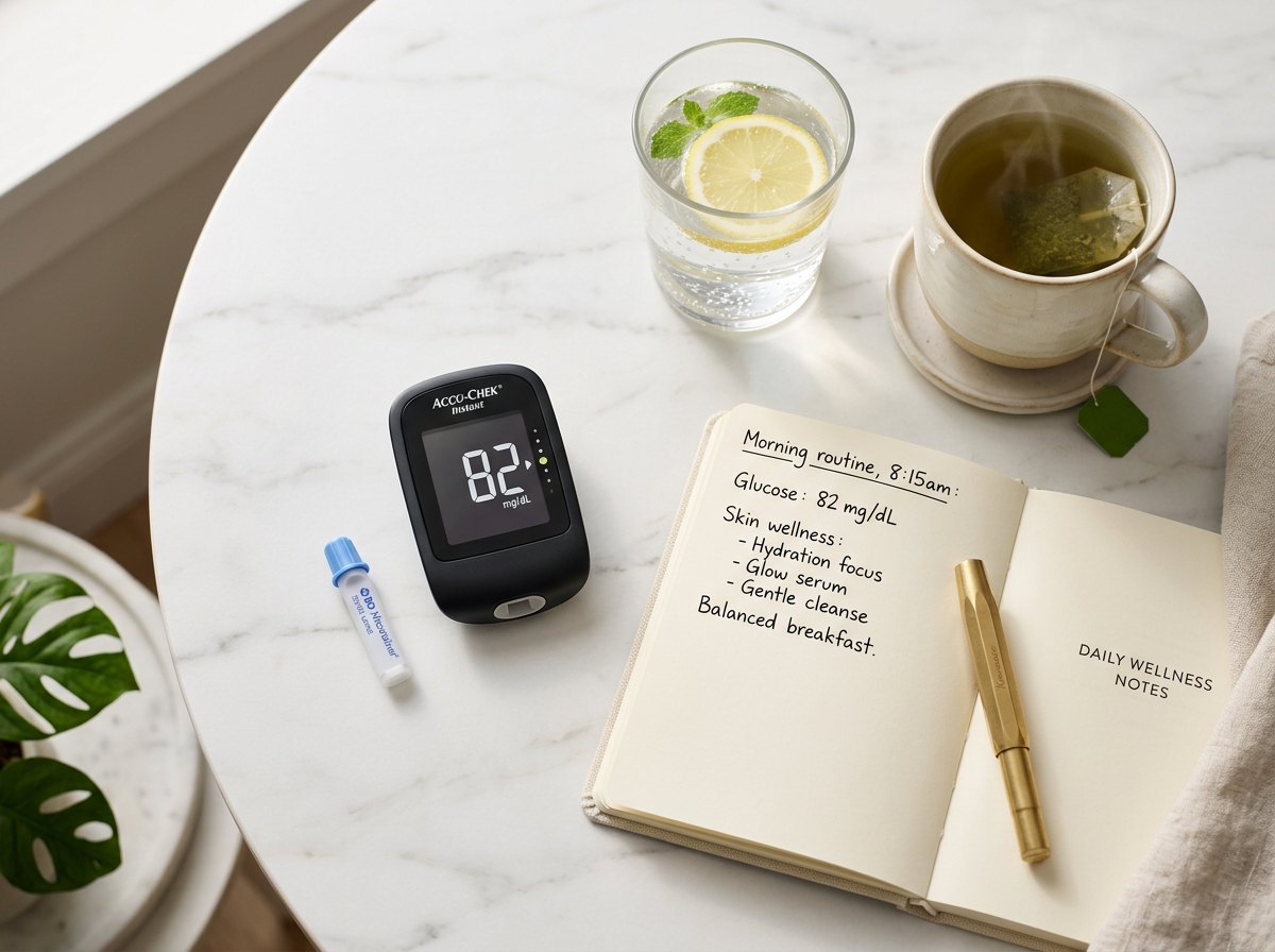 Morning fasting blood sugar test and skin wellness routine