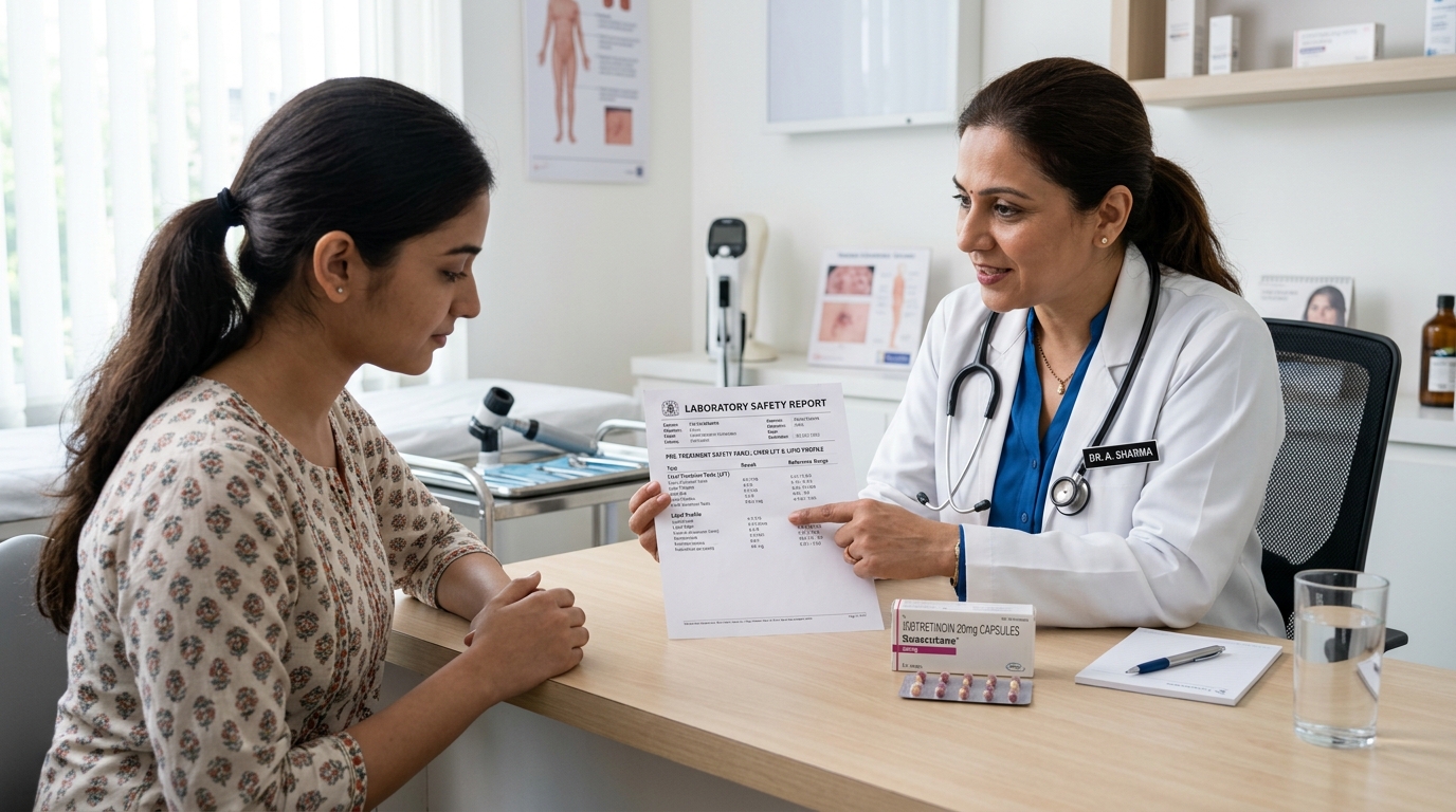 Dermatologist reviewing baseline liver and lipid blood tests with patient before prescribing oral isotretinoin