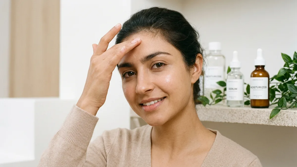 Indian woman with clear calm skin touching forehead