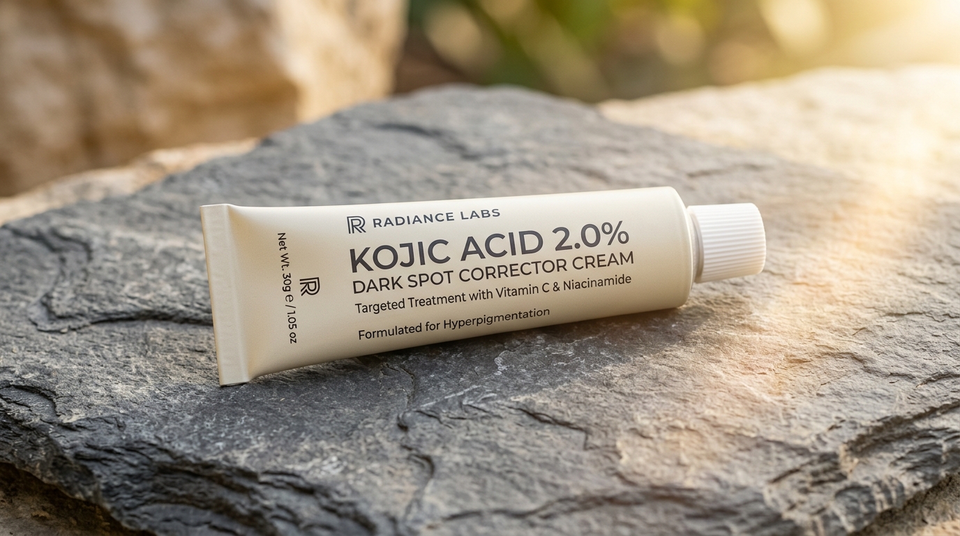 Clinical Kojic Acid 2.0% Dark Spot Corrector Cream tube on slate stone