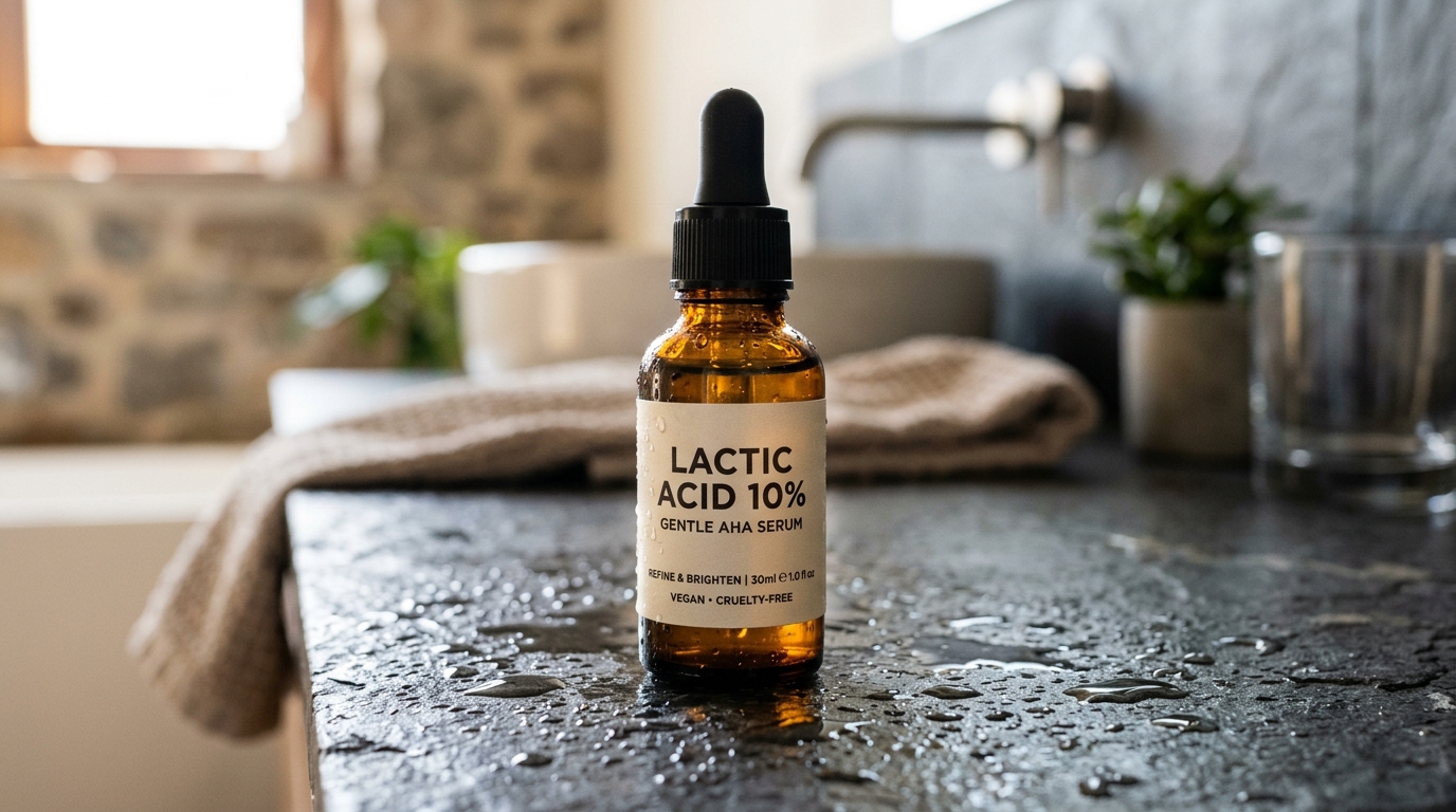 Amber glass serum dropper bottle labeled Lactic Acid 10% AHA Serum