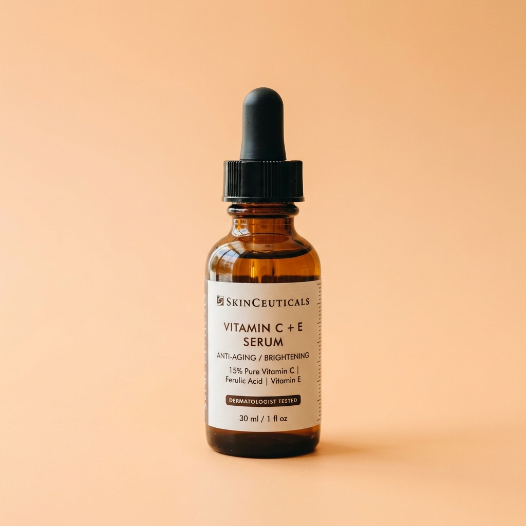 Clinical morning skincare layering routine with Vitamin C serum dropper