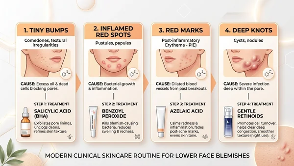 Dermatological infographic diagram showing 4 treatment steps for lower face blemishes including tiny bumps, inflamed red spots, red marks, and deep knots
