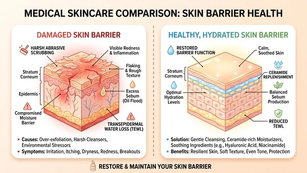 Medical skincare comparison showing damaged skin barrier from harsh scrubbing versus healthy hydrated barrier restored with ceramides