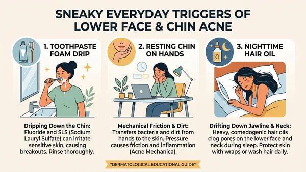Educational graphic showing sneaky everyday triggers of chin acne including toothpaste foam drip, resting chin on hands, and nighttime hair oil drift