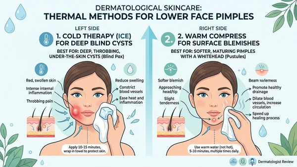 Dermatological infographic comparing cold therapy with ice for deep blind cysts and warm compresses for softer surface blemishes