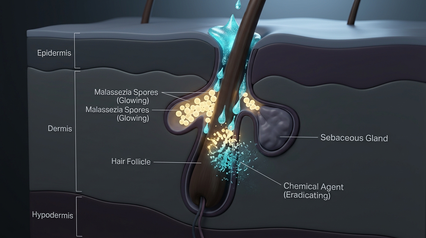 Malassezia yeast spores in hair follicle