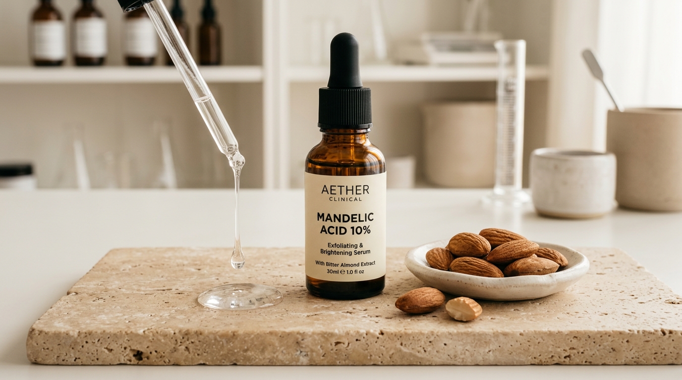 Clinical amber dropper bottle of Mandelic Acid 10 percent serum with bitter almonds on travertine marble