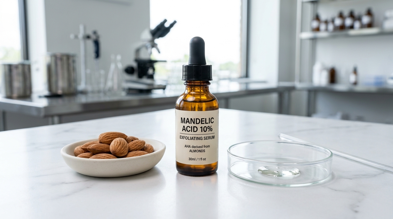 Clinical laboratory setting with Mandelic Acid 10 percent serum, almonds, and clear serum droplet in petri dish