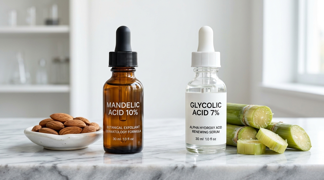 Side by side comparison of Mandelic Acid 10 percent with almonds and Glycolic Acid 7 percent with fresh sugarcane on marble