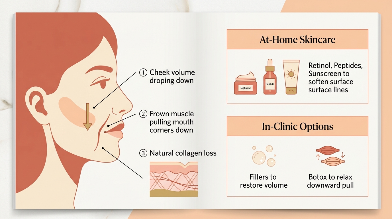 Visual diagram showing causes of marionette lines around the mouth and treatment options