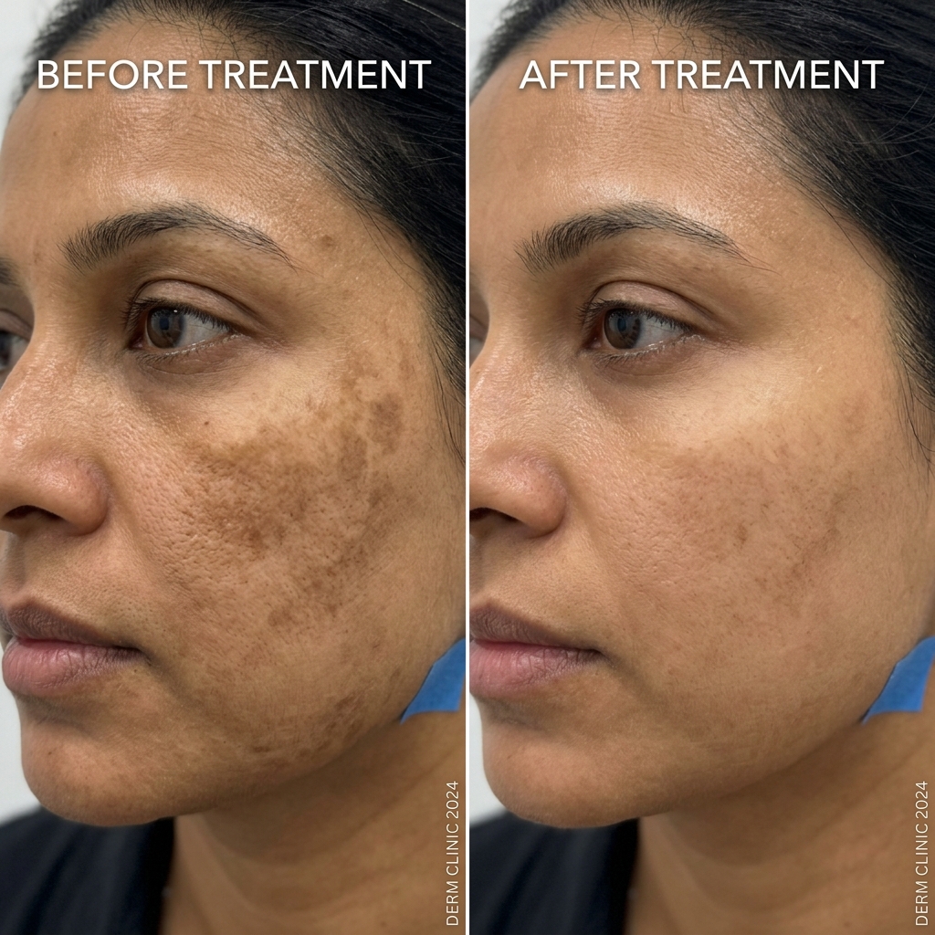 Before-and-after split comparison showing melasma/dark patches on Indian cheek skin fading with treatment