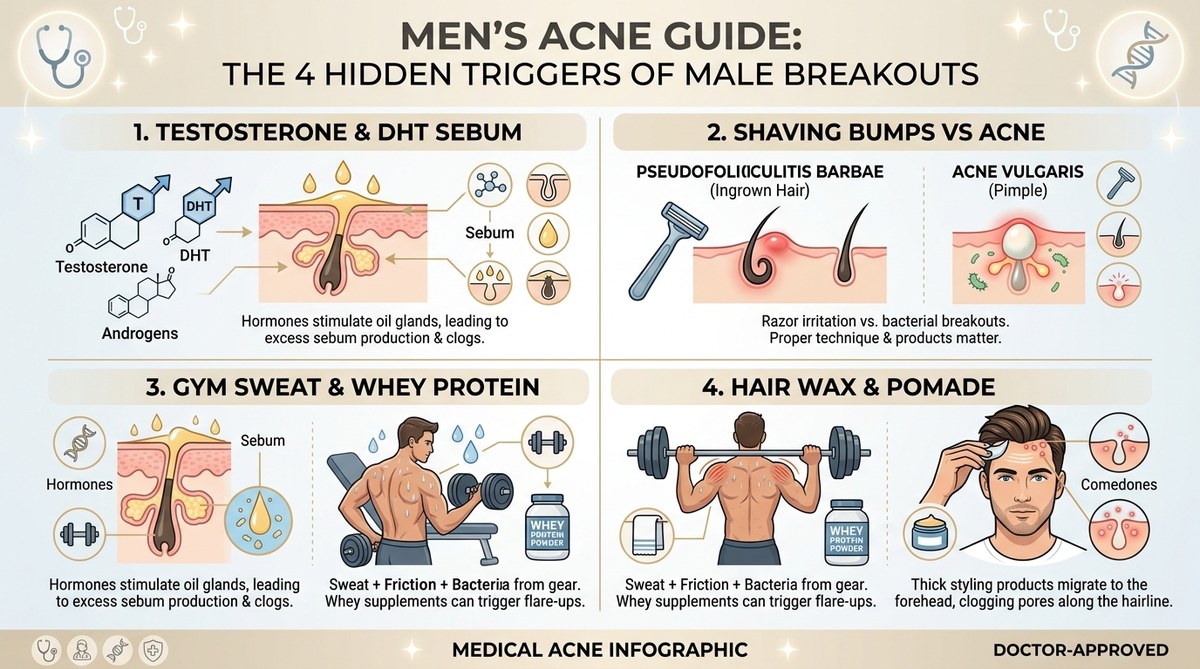 Men's Acne Guide Infographic showing Testosterone Sebum, Shaving Bumps vs Acne, Gym Sweat, and Pomade Hairline Breakouts