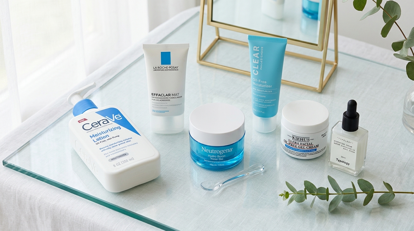 Editorial flat-lay of moisturizers for oily acne-prone skin on a clean glass vanity surface